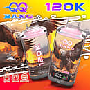 Bangvapeeu Qq Bang 120K Juicy Peaches rechargeable disposable vape featuring dual mesh coils, a 650mAh battery, and a digital screen