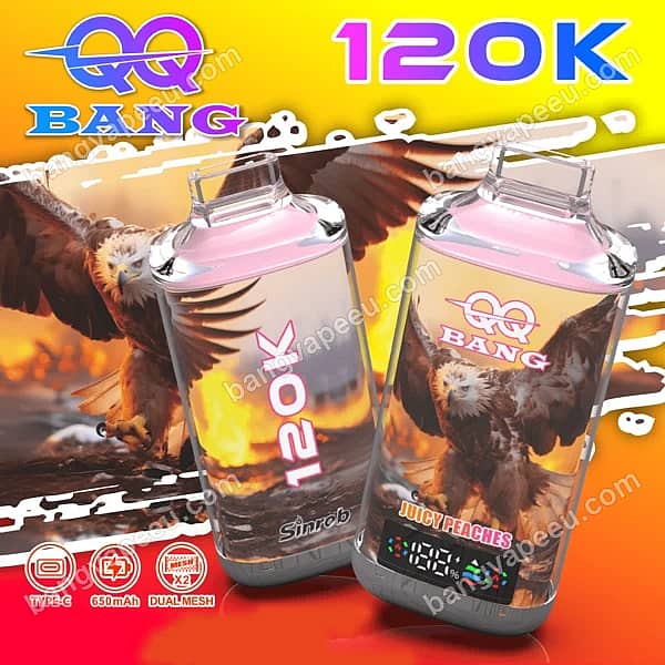 Bangvapeeu Qq Bang 120K Juicy Peaches Rechargeable Disposable Vape Featuring Dual Mesh Coils, A 650Mah Battery, And A Digital Screen