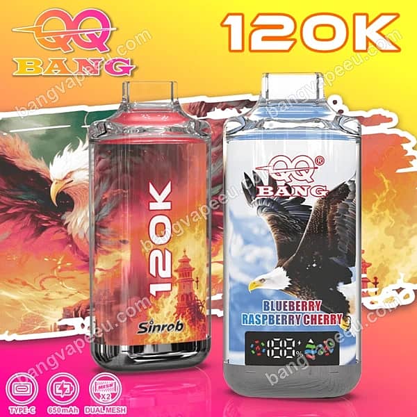 Bangvapeeu Qq Bang 120K Disposable Vape With Dual Mesh, 650Mah Type-C Rechargeable Battery, Smart Digital Screen, And Blueberry Raspberry Cherry Flavor
