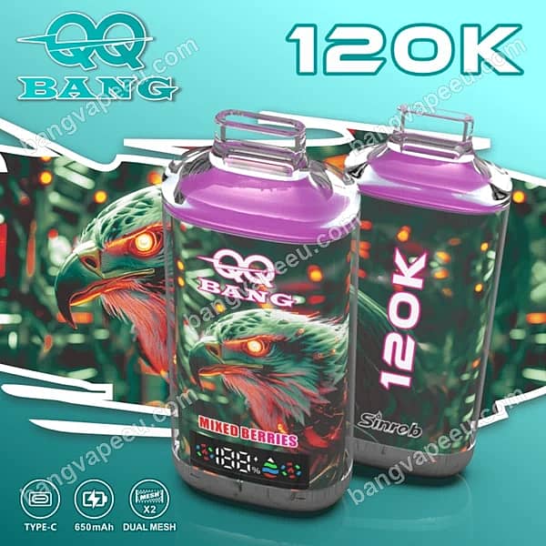 Bangvapeeu Qq Bang 120K Mixed Berries Disposable Vape Device Featuring A Digital Screen, Eagle Design, 650Mah Battery, And Dual Mesh Coil