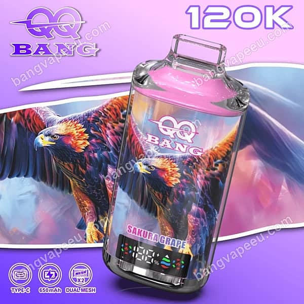 Bangvapeeu Qq Bang 120K Sakura Grape Disposable Vape Featuring An Eagle Design, Smart Digital Screen, Dual Mesh Coils, And A Rechargeable Battery