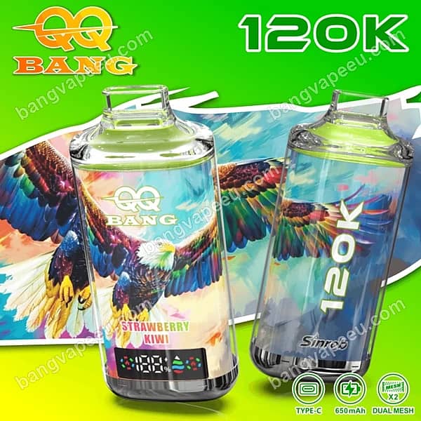 Bangvapeeu Qq Bang 120K Strawberry Kiwi Disposable Vape Featuring A Digital Display Screen, 650Mah Rechargeable Battery, And Dual Mesh Technology