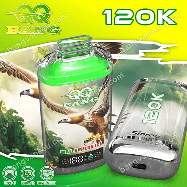 Bangvapeeu Qq Bang 120K Watermelon Ice Disposable Vape Device Featuring Dual Mesh Technology, A 650Mah Type-C Rechargeable Battery, And 120K Puffs