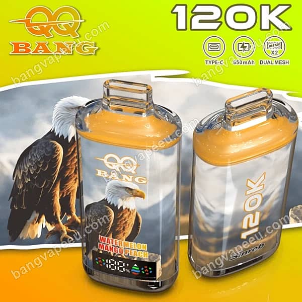 Bangvapeeu Qq Bang 120K Watermelon Mango Peach Disposable Vape With 650Mah Type-C Rechargeable Battery, Dual Mesh Coils, And Digital Display