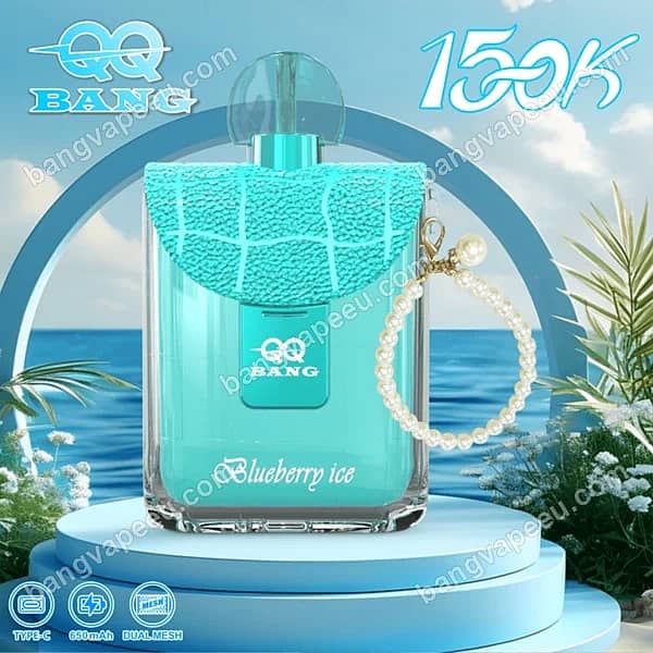W=600,H=600,Fit=Scale Down,Gravity=Auto,Sharpen=1,Metadata=None,Format=Auto,Quality=70 Qq Bang Perfume 150K Blueberry Ice Disposable Vape Featuring A Turquoise Purse-Like Design With A Pearl Strap, 650Mah Rechargeable Battery, And Dual Mesh Coil