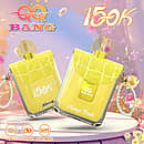 QQ Bang Perfume 150K Mango Peach disposable vape with a yellow textured bottle design, pearl strap, dual mesh coil, and rechargeable 650mAh Type-C battery