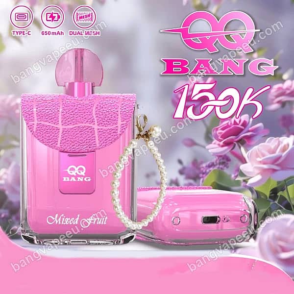 W=600,H=600,Fit=Scale Down,Gravity=Auto,Sharpen=1,Metadata=None,Format=Auto,Quality=70 Qq Bang Perfume 150K Mix Fruit Disposable Vape Featuring A Pink Perfume-Style Design With A Pearl Chain, 650Mah Battery, Type-C Port, And Dual Mesh Technology