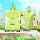 QQ Bang Perfume 150K Pear disposable vape device with 650mAh Type-C rechargeable battery, dual mesh coil, and light green leather-like texture with pearl strap