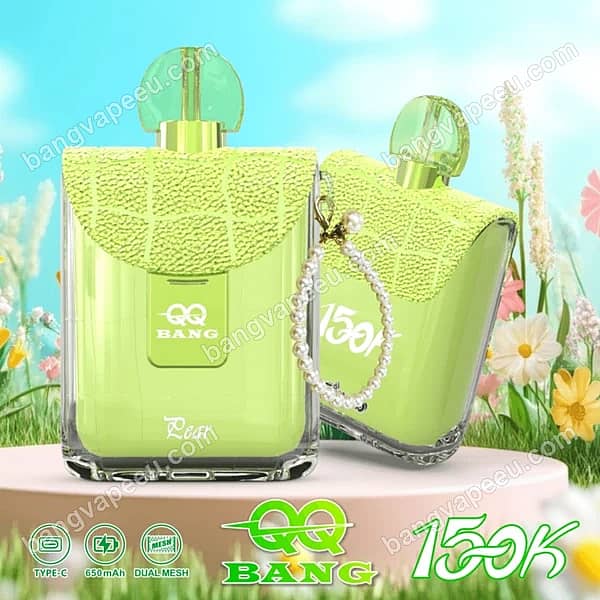 W=600,H=600,Fit=Scale Down,Gravity=Auto,Sharpen=1,Metadata=None,Format=Auto,Quality=70 Qq Bang Perfume 150K Pear Disposable Vape Device With 650Mah Type-C Rechargeable Battery, Dual Mesh Coil, And Light Green Leather-Like Texture With Pearl Strap