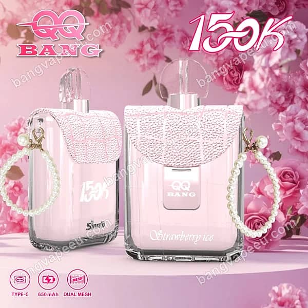 W=600,H=600,Fit=Scale Down,Gravity=Auto,Sharpen=1,Metadata=None,Format=Auto,Quality=70 Qq Bang Perfume 150K Strawberry Ice Disposable Vape Featuring A Chic Pink Handbag Design With A Pearl Strap, Dual Mesh Coil, And A Rechargeable 650Mah Battery