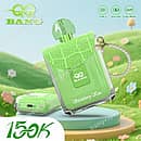 QQ Bang Perfume 150K Strawberry Kiwi disposable vape with a green handbag design, pearl strap, dual mesh coil, and 650mAh rechargeable battery