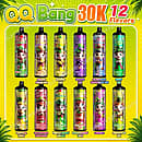 Qq Bang 30K disposable vape flavor list showcasing 12 options including Watermelon Ice, Grape Ice, Mint Ice, Strawberry Kiwi, and Tropical Fruit