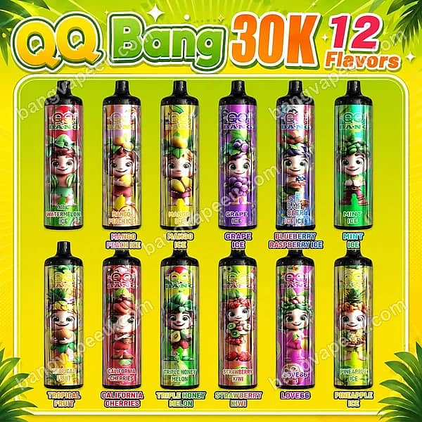 Qq Bang 30K Disposable Vape Flavor List Showcasing 12 Options Including Watermelon Ice, Grape Ice, Mint Ice, Strawberry Kiwi, And Tropical Fruit