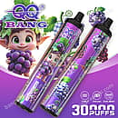 Qq Bang 30K Grape Ice disposable vape with 30000 puffs, 650mAh rechargeable battery, Type-C port, and dual mesh coils, featuring a cartoon grape design
