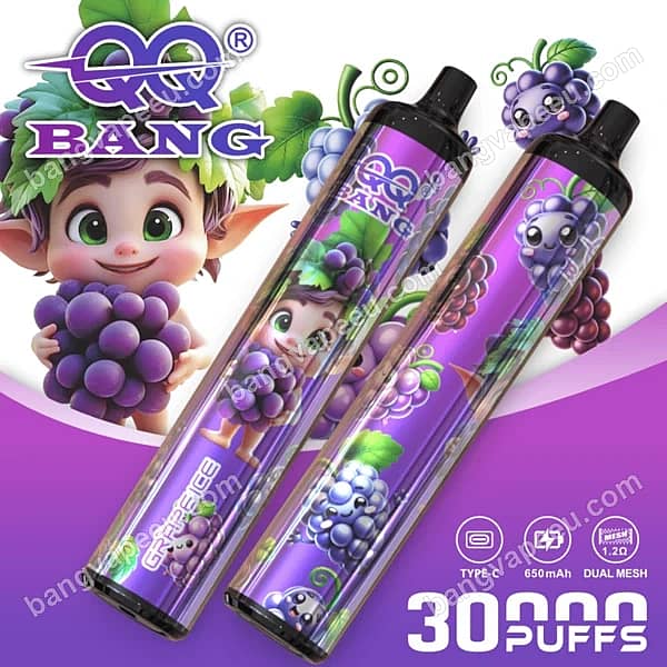 Qq Bang 30K Grape Ice Disposable Vape With 30000 Puffs, 650Mah Rechargeable Battery, Type-C Port, And Dual Mesh Coils, Featuring A Cartoon Grape Design