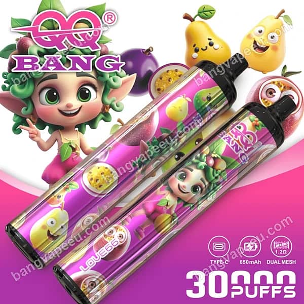 Qq Bang 30K Love66 Rechargeable Disposable Vape With 30,000 Puffs, Dual Mesh Coil, Type-C Charging, And A Pink Cartoon Character And Fruit Design