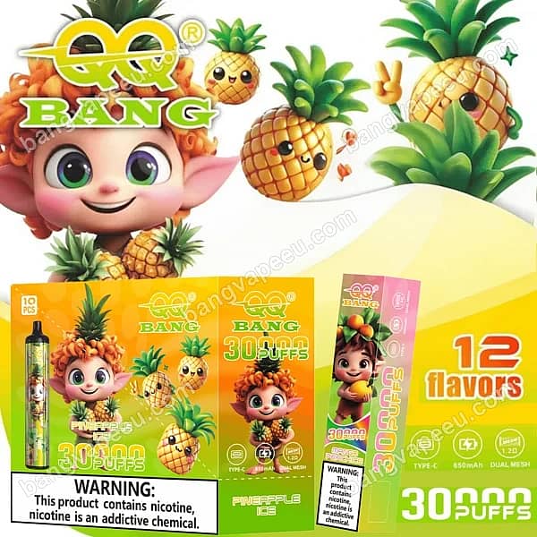 Qq Bang 30K Disposable Vape Packaging Displaying 30000 Puffs Pineapple Ice Flavor With A 650Mah Type-C Rechargeable Battery And Dual Mesh Coils