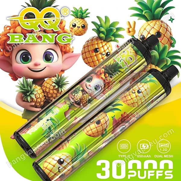 Qq Bang 30K Pineapple Ice Disposable Vape Featuring 30,000 Puffs, A 650Mah Type-C Rechargeable Battery, Dual Mesh Coil, And Cute Cartoon Pineapple Graphics