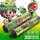 Qq Bang 30K Triple Honey Melon disposable vape with 30,000 puffs, dual mesh 1.2Ω coils, a 650mAh rechargeable battery, and green watermelon cartoon design