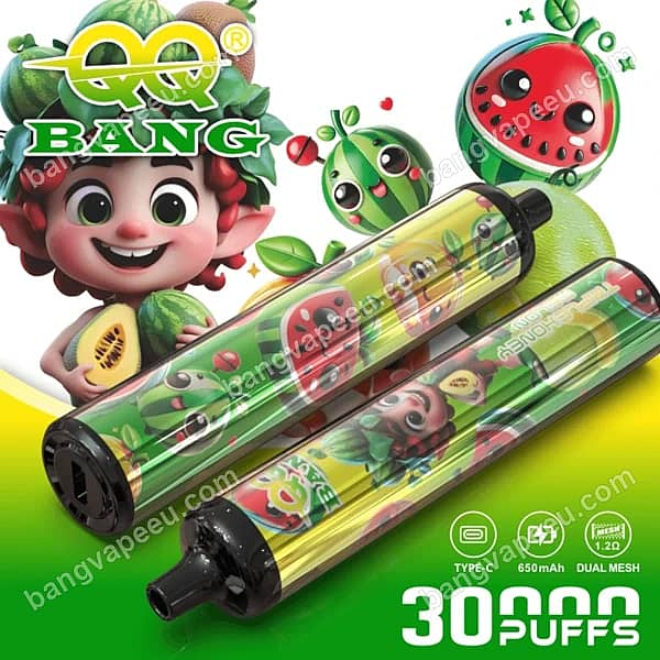 Qq Bang 30K Triple Honey Melon Disposable Vape With 30,000 Puffs, Dual Mesh 1.2Ω Coils, A 650Mah Rechargeable Battery, And Green Watermelon Cartoon Design