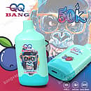 Qq Bang 50K Blueberry Raspberry disposable vape featuring a 50,000 puff capacity, dual mesh coil, 500mAh Type-C rechargeable battery, and gorilla design