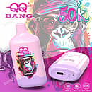 Qq Bang 50K Love 66 disposable vape with 50,000 puffs, featuring a pink monkey graphic, dual mesh coil, and a Type-C rechargeable 500mAh battery