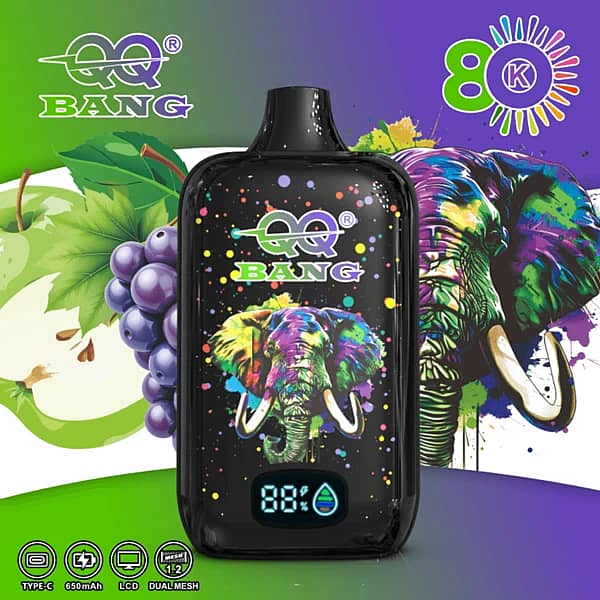 Qq Bang 80K Apple Grape Disposable Vape Device With A Colorful Elephant Design, Lcd Display, 650Mah Type-C Rechargeable Battery, And Dual Mesh Coil