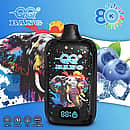 Qq Bang 80K Blueberry Ice disposable vape device featuring a colorful elephant design, Type-C charging, LCD screen, 650mAh battery, and dual mesh coil