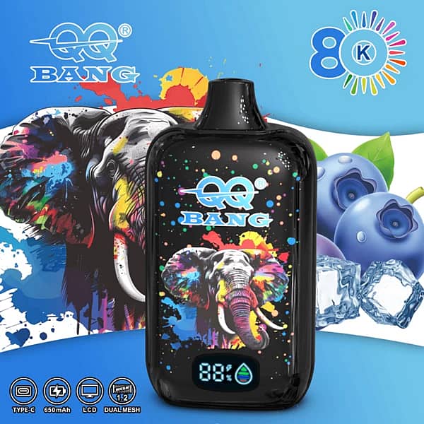 Qq Bang 80K Blueberry Ice Disposable Vape Device Featuring A Colorful Elephant Design, Type-C Charging, Lcd Screen, 650Mah Battery, And Dual Mesh Coil