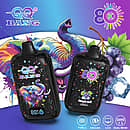 Qq Bang 80K Grape Ice disposable vape featuring an LCD screen, 650mAh rechargeable battery, and dual mesh coil with a colorful elephant design