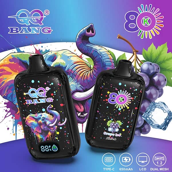 Qq Bang 80K Grape Ice Disposable Vape Featuring An Lcd Screen, 650Mah Rechargeable Battery, And Dual Mesh Coil With A Colorful Elephant Design