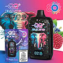 Qq Bang 80K rechargeable disposable vape featuring an LCD screen, 650mAh battery, dual mesh coil, and Grape Ice flavor with colorful elephant artwork