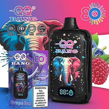 Qq Bang 80K Rechargeable Disposable Vape Featuring An Lcd Screen, 650Mah Battery, Dual Mesh Coil, And Grape Ice Flavor With Colorful Elephant Artwork