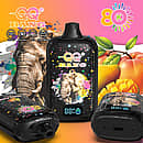 Qq Bang 80K Mango Peach disposable vape device with an LCD screen, 650mAh rechargeable battery, dual mesh coil, Type-C port, and colorful elephant graphics