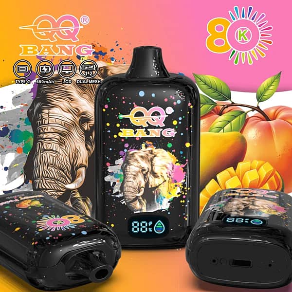 Qq Bang 80K Mango Peach Disposable Vape Device With An Lcd Screen, 650Mah Rechargeable Battery, Dual Mesh Coil, Type-C Port, And Colorful Elephant Graphics