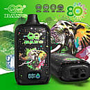 Qq Bang 80K Mint Ice rechargeable disposable vape featuring an LCD screen, 650mAh battery, dual mesh coil, and a colorful elephant artwork design