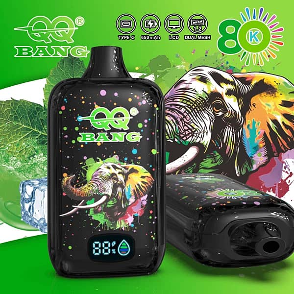 Qq Bang 80K Mint Ice Rechargeable Disposable Vape Featuring An Lcd Screen, 650Mah Battery, Dual Mesh Coil, And A Colorful Elephant Artwork Design