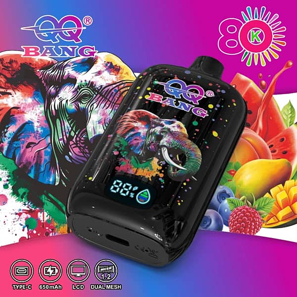 Qq Bang 80K Mixed Fruit Disposable Vape Featuring A Colorful Elephant Design, Lcd Screen, 650Mah Type-C Rechargeable Battery, And Dual Mesh Coil