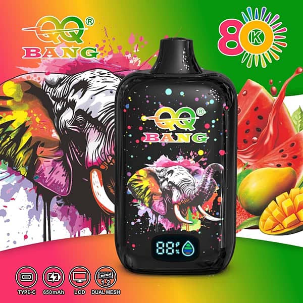 Qq Bang 80K Strawberry Mango Watermelon Disposable Vape Device Featuring A Colorful Elephant Graphic, Smart Lcd Screen, And 650Mah Rechargeable Battery