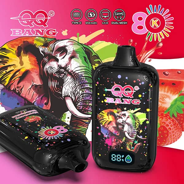 Qq Bang 80K Strawberry Watermelon Rechargeable Disposable Vape Featuring An Lcd Screen, 650Mah Battery, Dual Mesh Coil, And Colorful Elephant Art