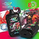 Qq Bang 80K Watermelon Ice disposable vape device with LCD screen, 650mAh battery, Type-C port, and dual mesh coil, featuring a colorful elephant design